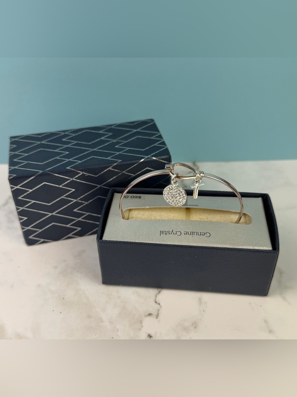 NWT Fine Silver Plated Bangle Bracelet Crystal Disc & Cross Charm Religious Gift